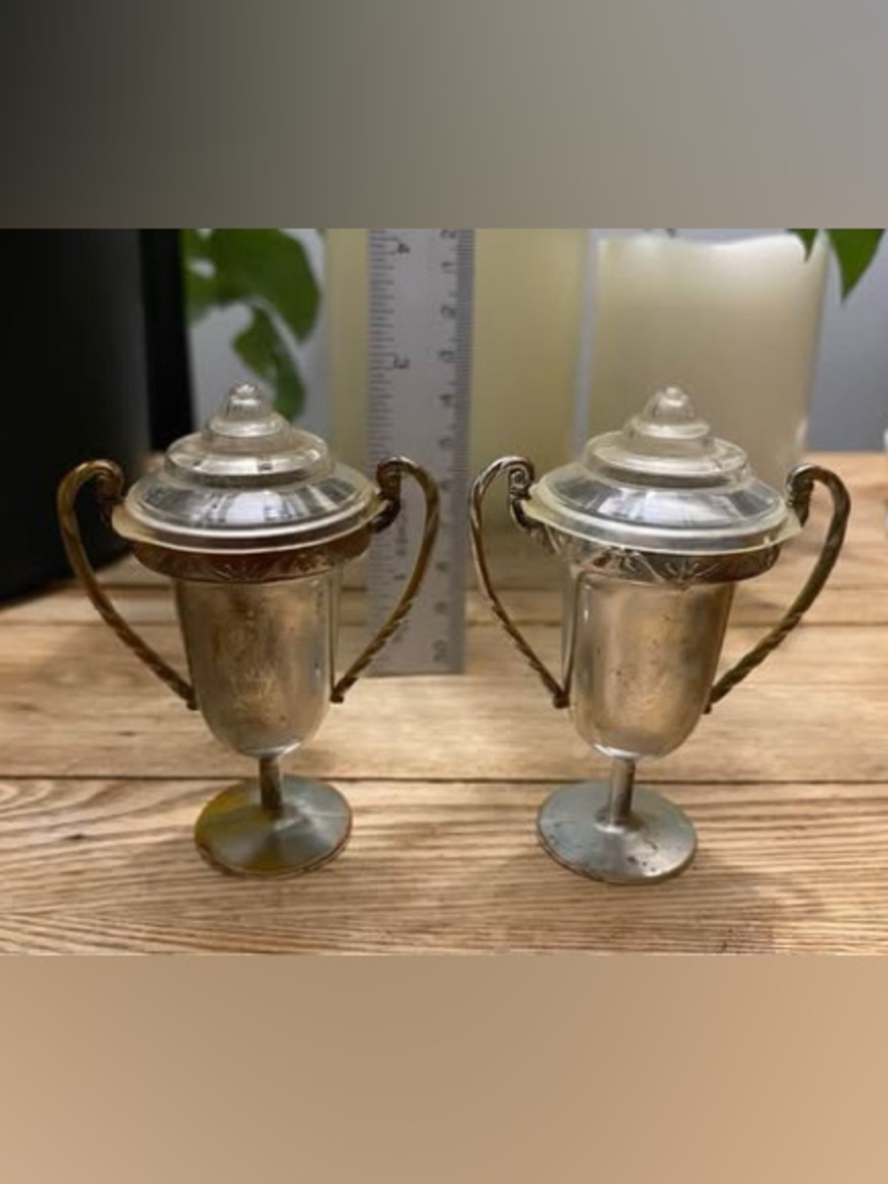 Vintage Silver Tone Trophy Cup Salt Pepper Shakers Clear Lucite Lids